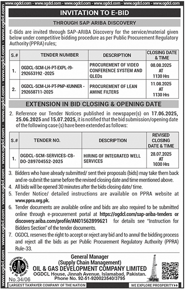 Oil & Gas Development Company Limited Islamabad Tender Notice